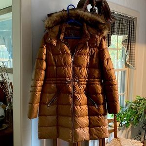 COPY - Primark Winter Coat. Size-med, Cinch waist, faux fur edged hood, copper …